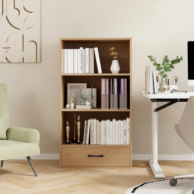 4-Tier Storage Bookcase with Open Shelves Drawer and Anti-toppling Device-Natural Costway