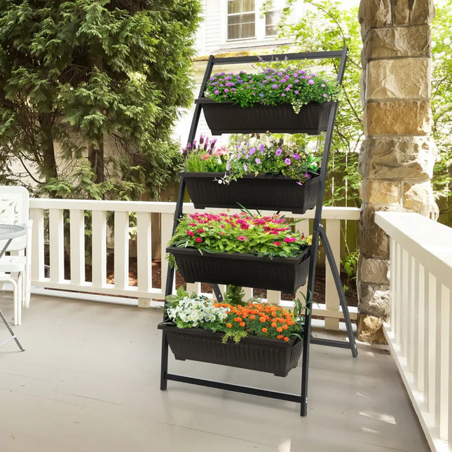 4-Tier Vertical Raised Garden Bed with 4 Containers and Drainage Holes-M - Black - Raised Garden Beds