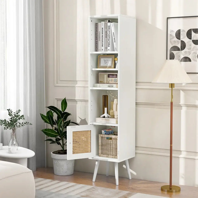 4 Tiers Rattan Storage Cabinet with Slim Design-White Costway