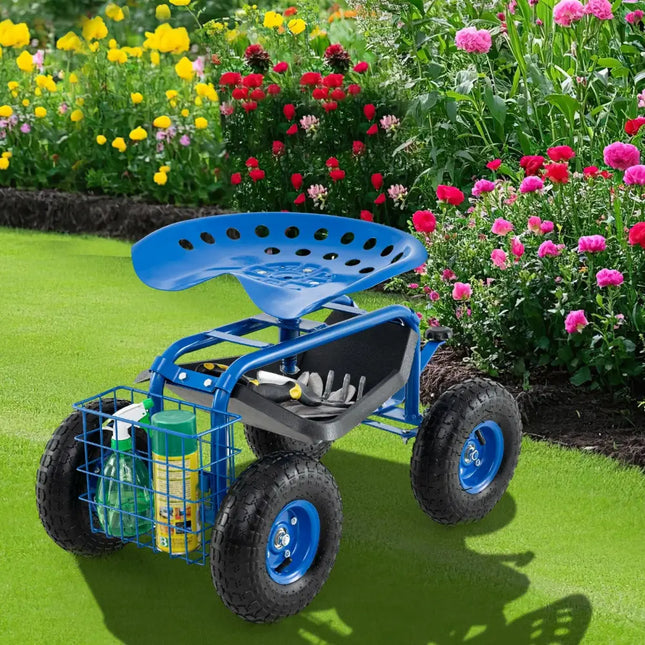 4-Wheel Rolling Garden Cart Work Seat-Blue - Blue - Garden Carts