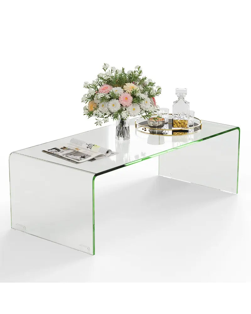 40 x 19.5 x 13.5 Inch Glass Coffee Table with Rounded Edges for Living Room - Transparent - Coffee Tables