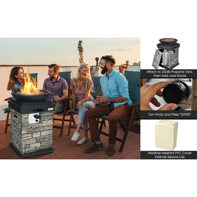 40000BTU Outdoor Propane Burning Fire Bowl Column Realistic Look Firepit Heater-Gray - Gray - Fire Pit Tables