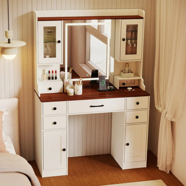 41.5 Inch Makeup Dressing Table with Power Outlets and 3 Color Lighting Modes-White+ Costway