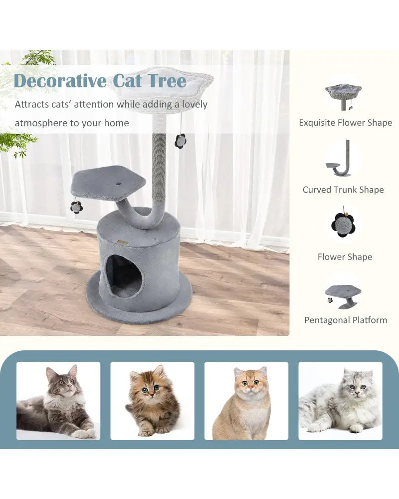 42 Inch Cat Tree with Curved Metal Supporting Frame and Sisal Scratching Board-Gray - Gray - Cat Trees Condos &
