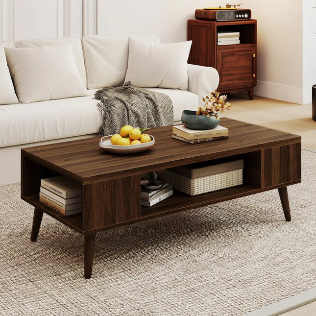 42 Inch Mid Century Modern Coffee Table Rectangular with Open Compartment-Walnut Costway