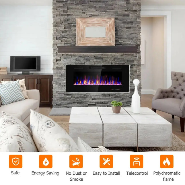 42 Inch Recessed Ultra Thin Electric Fireplace with Timer Costway