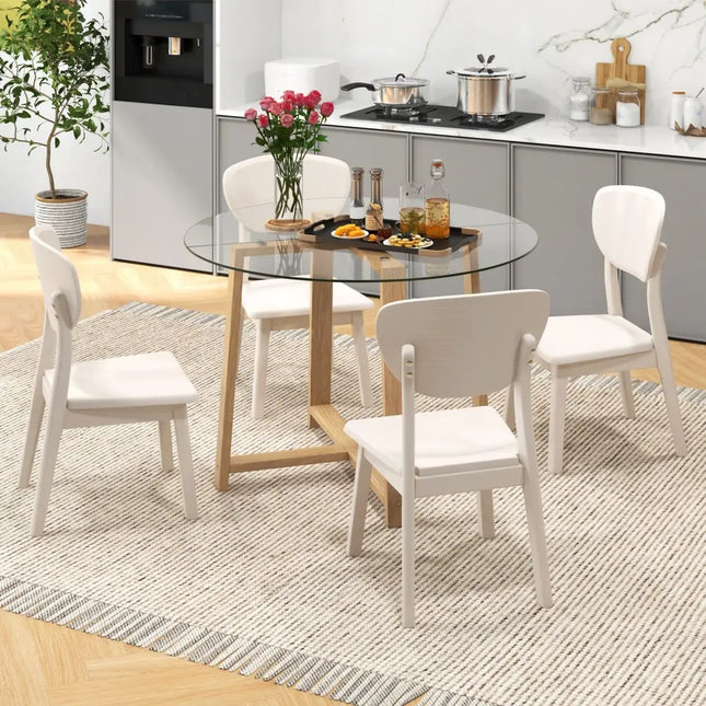 42 Inches Round Glass Dining Table with Tempered Glass Tabletop and Rubber Wood Legs-Natural Costway