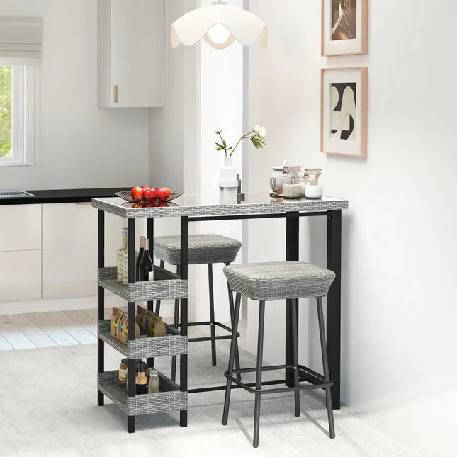 43.5 Inch Outdoor Bar Table with Tempered Glass Top - Gray - Patio Dining Tables
