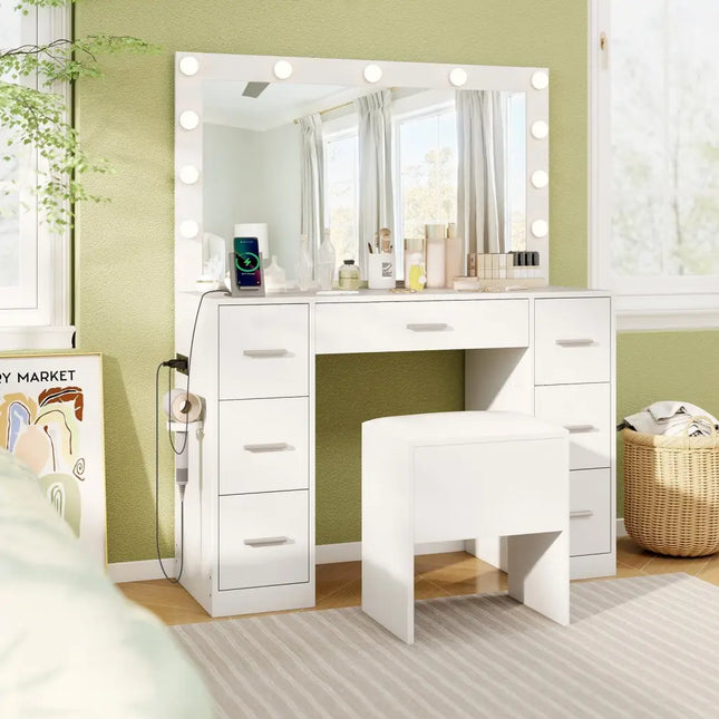 43.5-Inche Vanity Desk with Mirror and Lights for Bedroom-White Costway