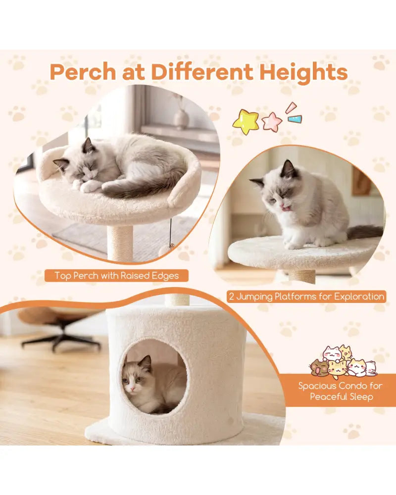 43’’ Cat Tree for Indoor Cats with Comfy Plush Perches and Sisal Scratching Posts-Beige - Beige - Cat Trees Condos &