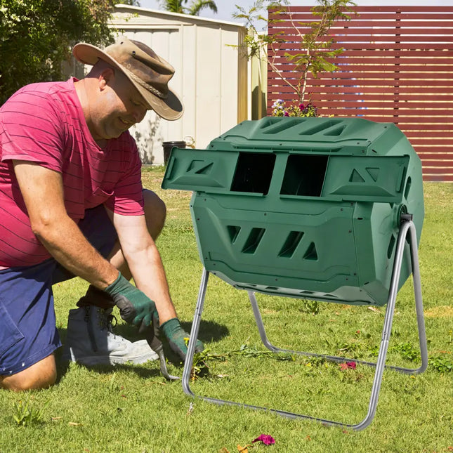 43 Gallon Rotating Compost Bin Barrel with Dual Chamber and Sliding Doors-Green - Green - Garden Tools