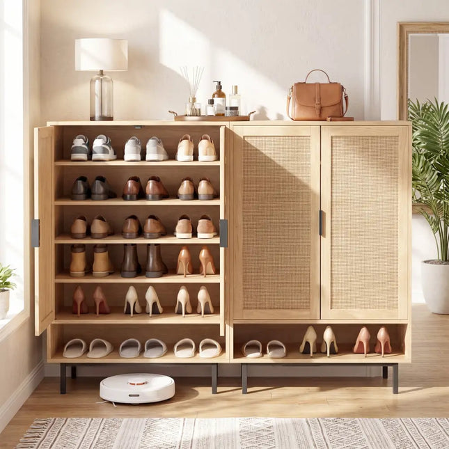 43 Inch 6-Tier Tall Shoe Cabinet with Double Doors-Natural - Natural - Shoe Racks & Storage Benches
