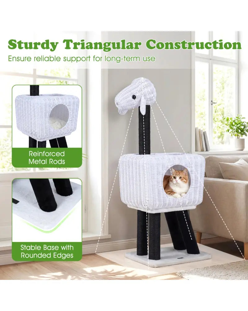 43-Inch Lamb-Shaped Cat Tower with 2-Door Rattan Condo for Indoor Kittens-White - White - Cat Trees Condos & Scratchers