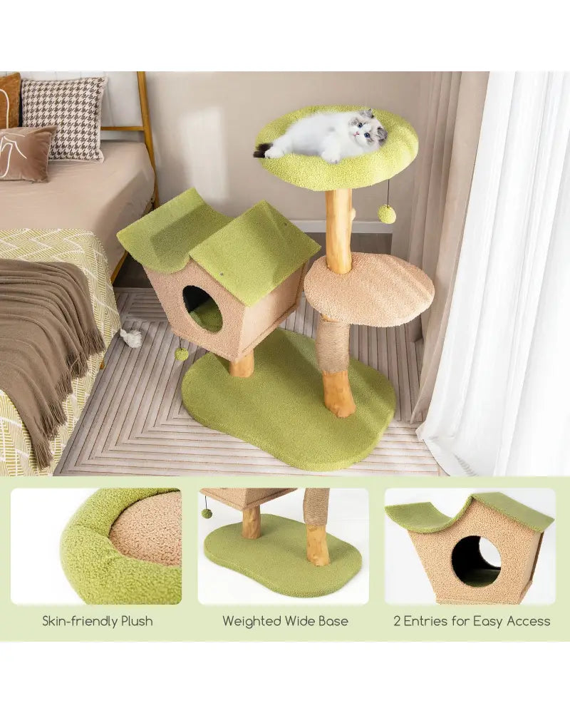 43 Inch Wooden Cat Tree with Padded Top Perch-Green - Green - Cat Trees Condos & Scratchers