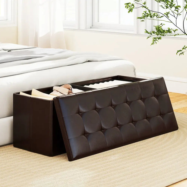 43 Inches Folding Storage Ottoman Bench Foot Rest Stool End of Bed Bench-Brown - Brown - Shoe Racks & Storage Benches