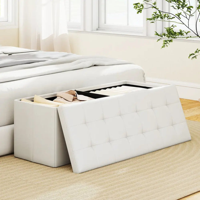 43 Inches Folding Storage Ottoman Bench Foot Rest Stool End of Bed Bench-White - White - Shoe Racks & Storage Benches