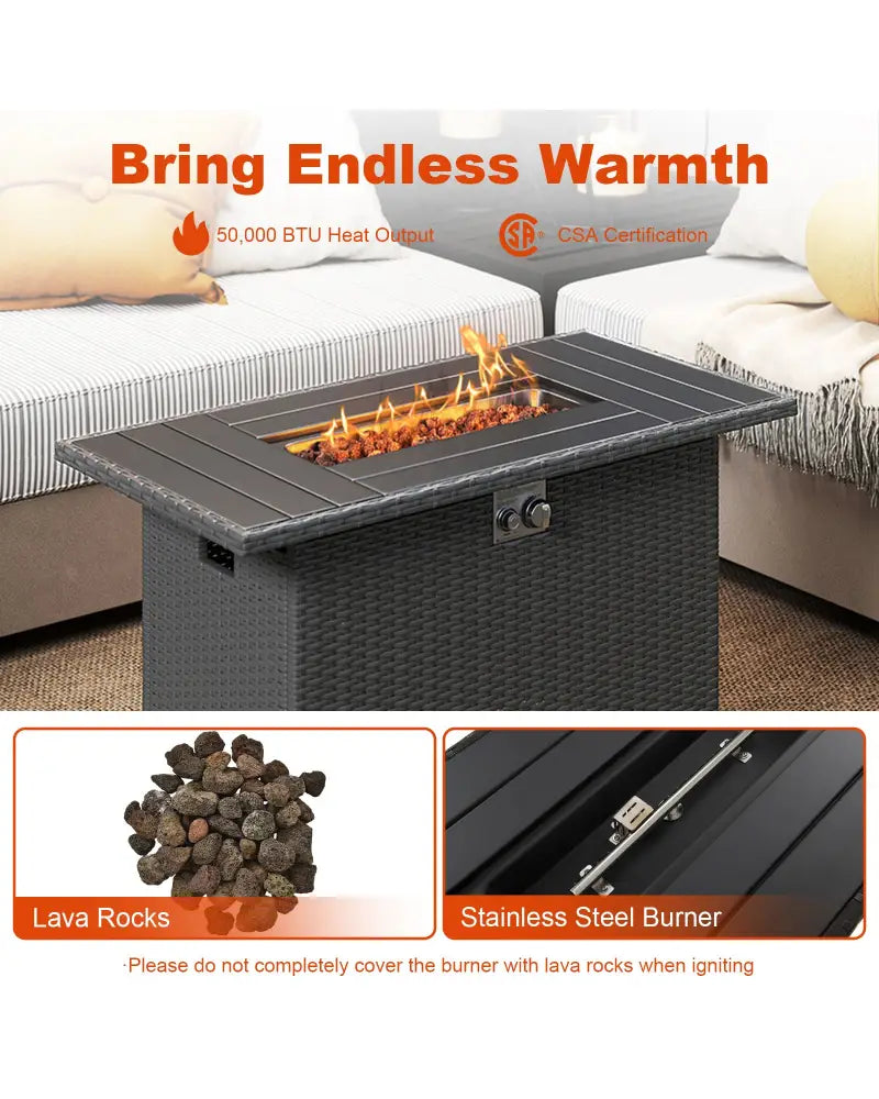 44.5 Inch Propane Fire Pit Table Rattan Gas 2-in-1 with Stainless Steel Burner-Black - Black - Fire Pits