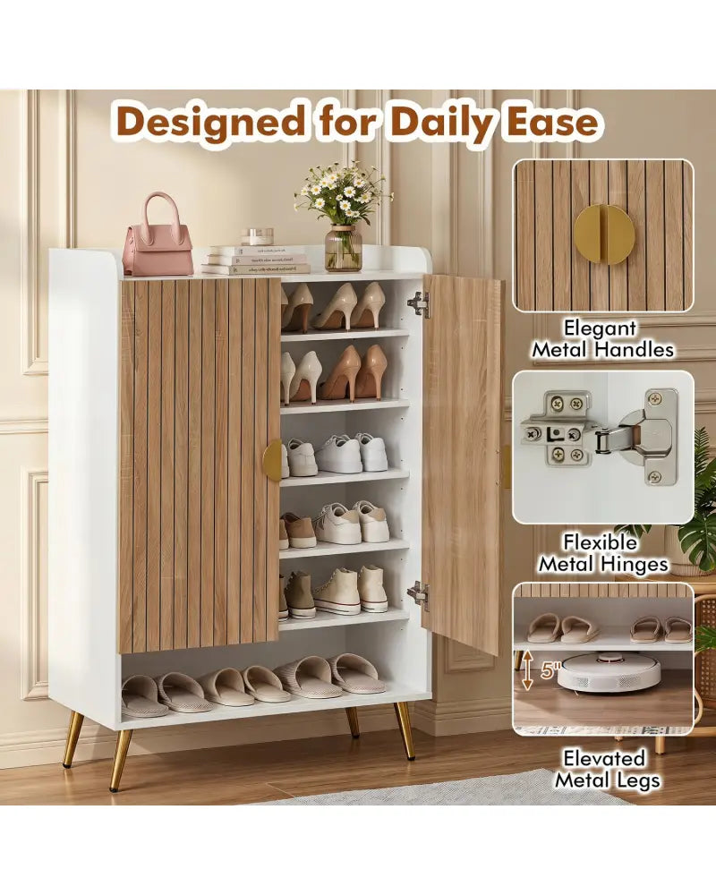 44’’ Tall Shoe Storage Cabinet with 7-Tier Doors and Adjustable Shelves for Entryway-Natural - Natural - Shoe Racks &