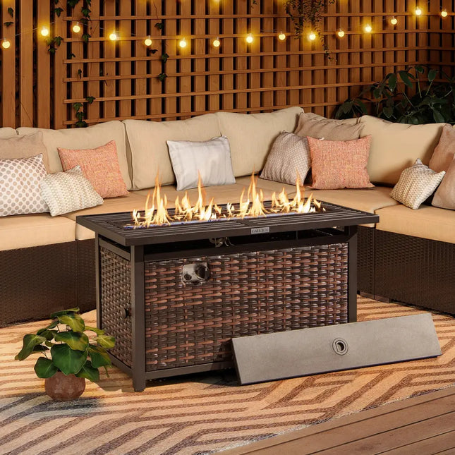 45 Inch Propane Rattan Firepit Table with Glass Stones and Protective Cover-Mixed Brown - Brown - Fire Pit Tables