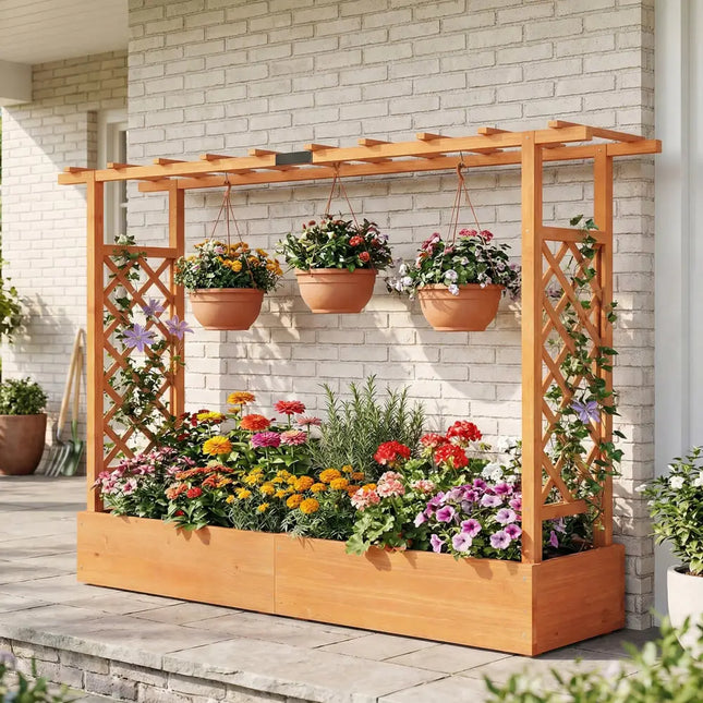 45 Inch Tall Wooden Raised Garden Bed with Side Trellis and Hanging Roof Drainage Holes-Orange - Orange - Raised Garden