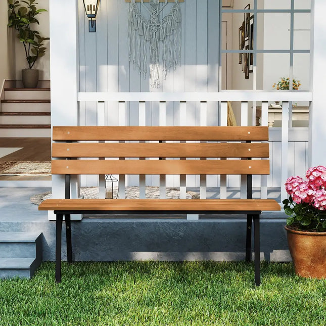 47 Inch Outdoor Acacia Wood Bench with Metal Frame and Slatted Seat - Outdoor Benches