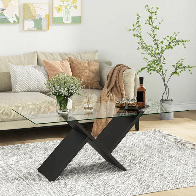 47 Inch Rectangle Glass Coffee Table Modern Center Table with Tempered Glass Tabletop-Black Costway