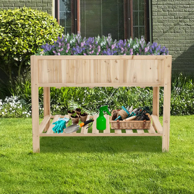 47 Inch Wooden Raised Garden Bed with Bottom Shelf and Bed Liner - Natural - Raised Garden Beds