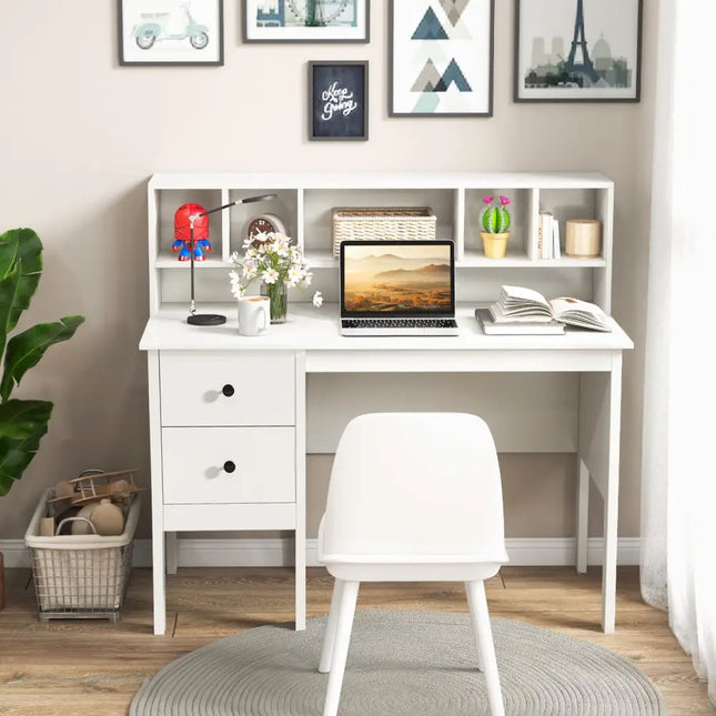 48 Inch Computer Desk with Drawers Power Outlets and 5-Cubby Hutch-White - White - Computer Desks