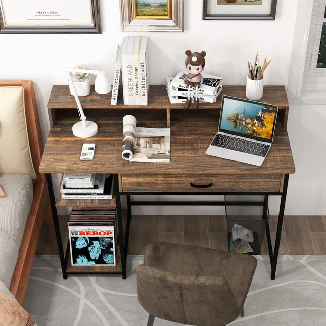 48 Inch Computer Desk with Monitor Stand Drawer and Shelves-Rustic Brown Costway