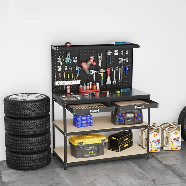 48 x 24 Inch Workbench Work Table with 3 PCs Pegboard Drawer and Shelves-Black - Black - Garages