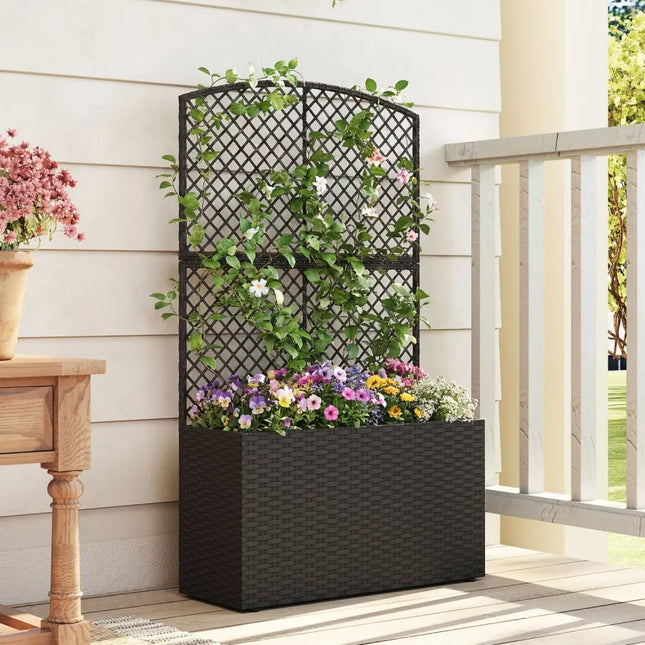 49 Inch Raised Garden Bed with Trellis and Wicker Planter Box-Black - Black - Raised Garden Beds