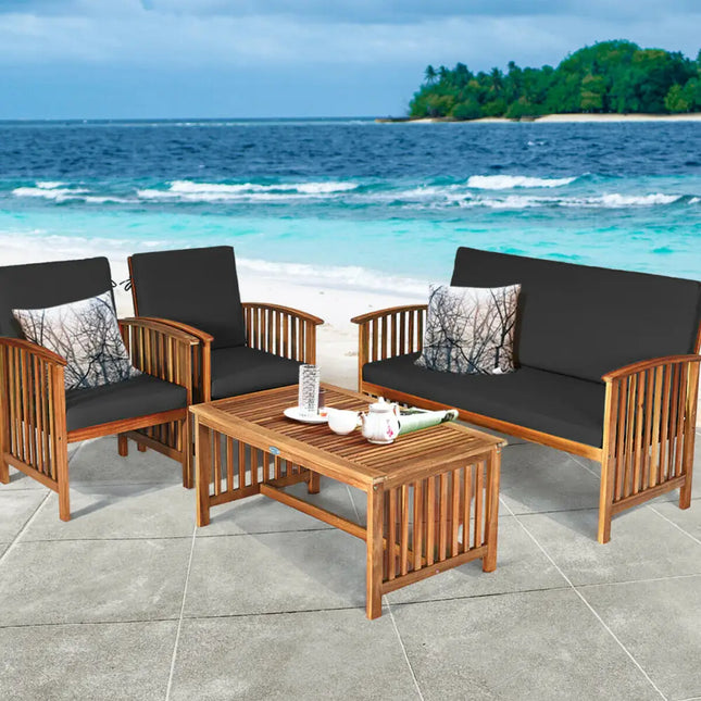 4PCS Patio Solid Wood Furniture Set-Black - Black - Patio Conversation Sets