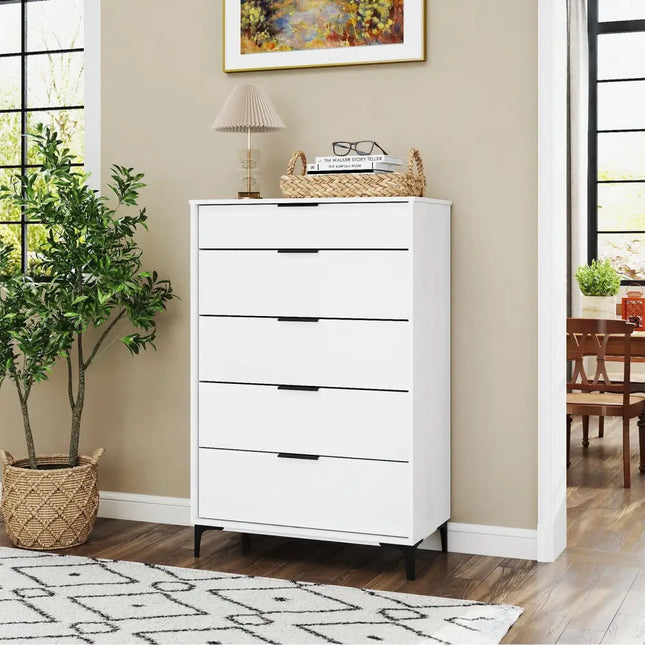 5-Drawer Dresser with Interlock System for Bedroom Living Room-White Costway