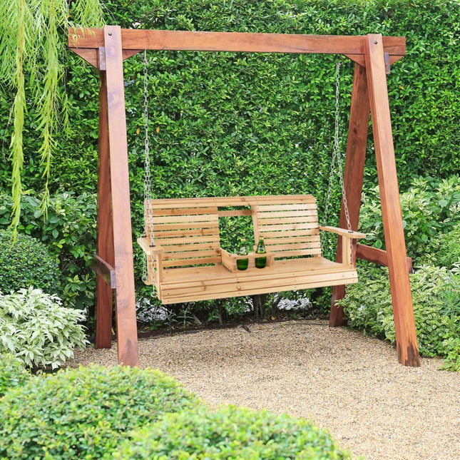 5 Feet Porch Swing Chair with Adjustable Chains and Foldable Cup Holders - Natural - Porch Swings