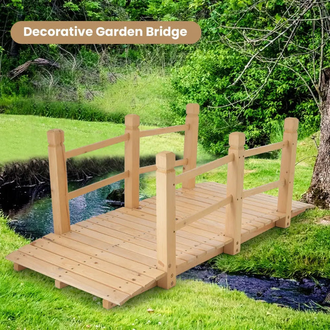 5 Feet Wooden Garden Bridge with Safety Rails-Natural - Natural - Outdoor Decor