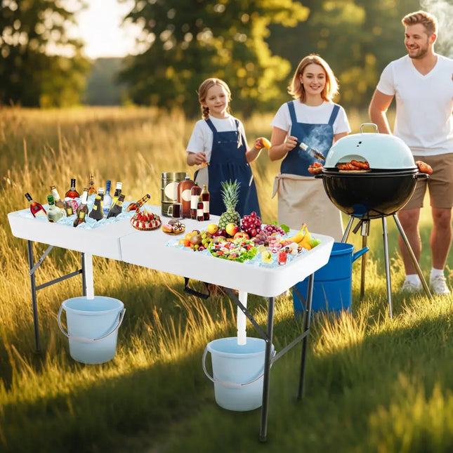 5 FT Folding Ice Cooler Table with Double Sinks for Camping Party Picnic Wedding-White - White - Camping Furniture