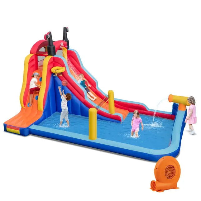 5-in-1 Inflatable Bounce House with 2 Water Slides and Large Splash Pool With 680W Blower - Blue - Inflatable Water