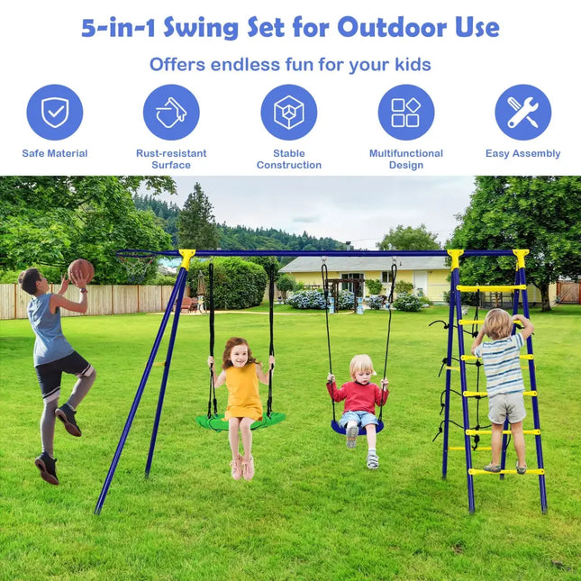 5-In-1 Outdoor Kids Swing Set with A-Shaped Metal Frame and Ground Stake - Blue - Swing & Playsets