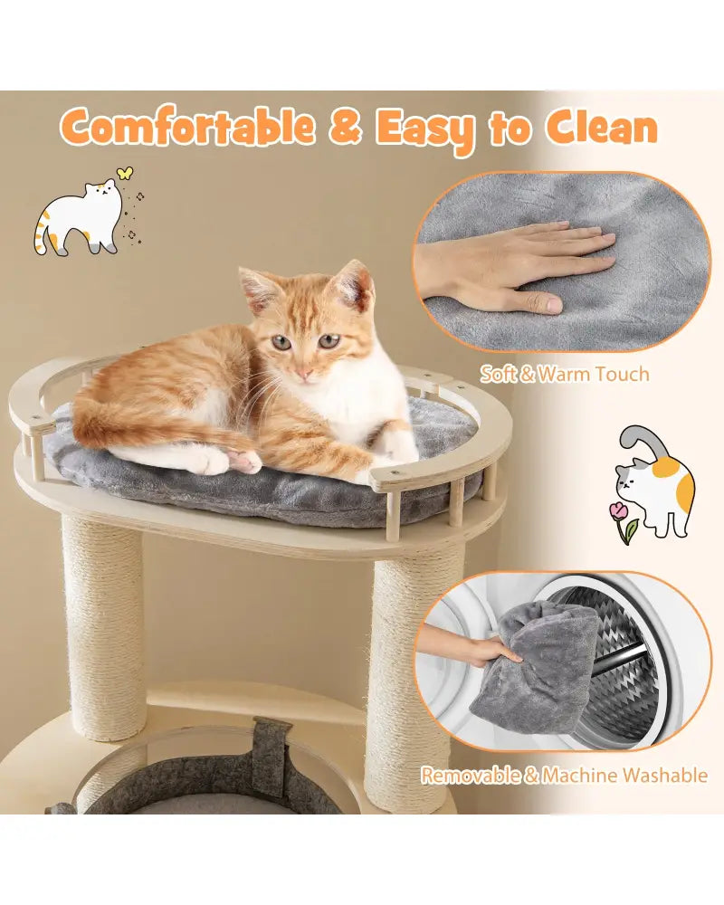 5-level Wooden Cat Tree with Padded Perch Non-woven Hammock-Gray - Gray - Cat Trees Condos & Scratchers