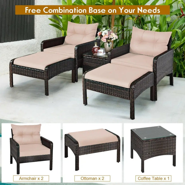 5 Pcs Patio Rattan Wicker Sofa Furniture Set - Beige - Patio Furniture Sets