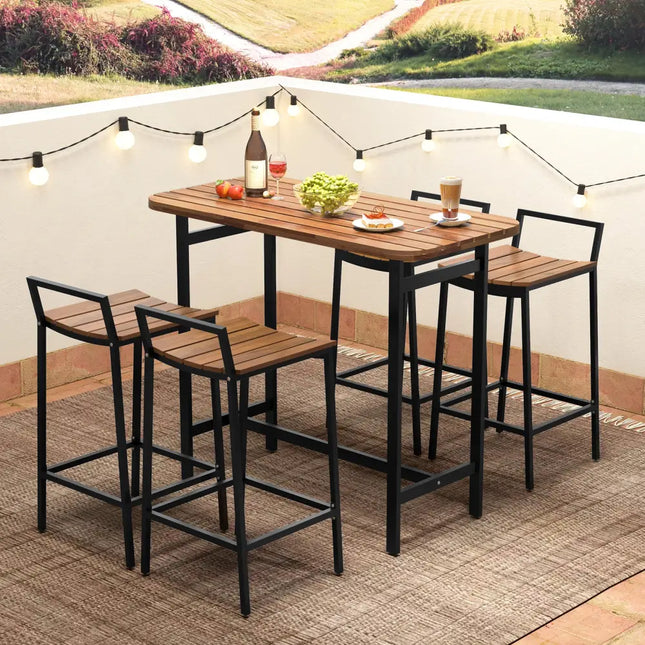 5 Piece Acacia Wood Bar Table Set Bar Height Table and Chairs with Metal Frame and Footrest - Patio Bar Furniture