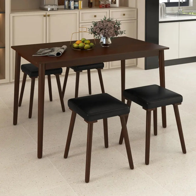 5 Piece Dining Table Set for 4 with 4 Upholstered Stools and Rubber Wood Legs-Brown Costway