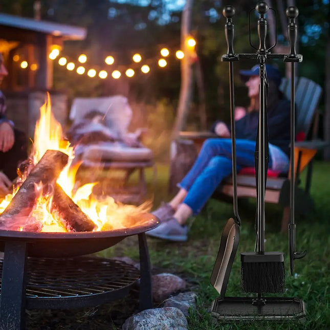 5-Piece Fireplace Tool Set with Tong Brush Shovel Poker Stand-Black - Black - Fireplace Tools