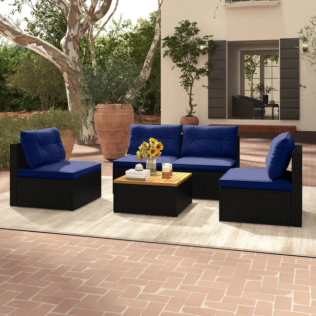 5 Piece Outdoor Furniture Set with Solid Tabletop and Soft Cushions-Navy - Navy - Outdoor Sectionals