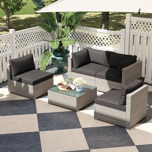 5-Piece Outdoor Patio Sectional Sofa Couch and Glass Coffee Table with Cushions-Black - Black - Patio Conversation Sets
