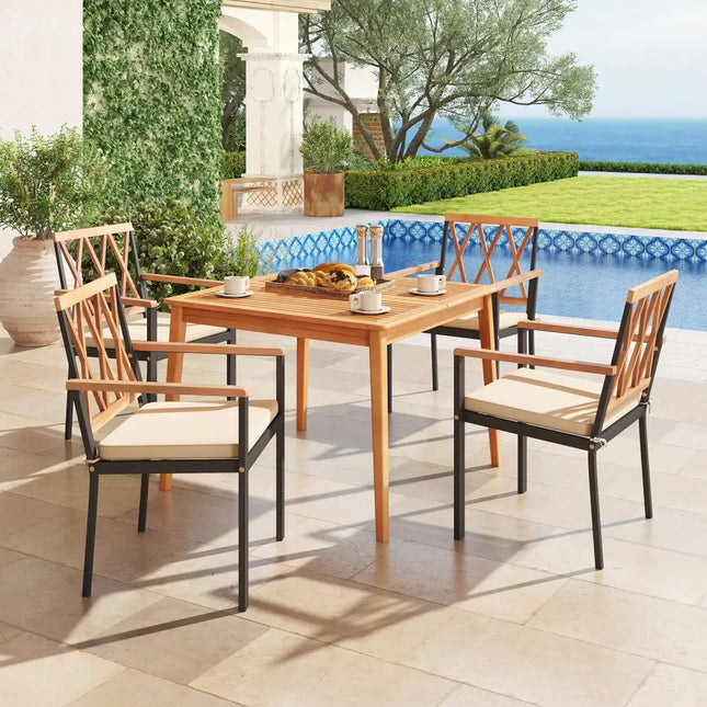5 Piece Patio Acacia Wood Dining Set Solid Wooden Dining Furniture with Umbrella Hole - Natural - Patio Dining Sets
