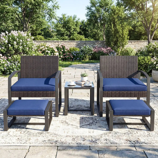 5-Piece Patio Conversation Set with 2 Ottomans and Tempered Glass Side Table-Navy - Navy - Patio Conversation Sets