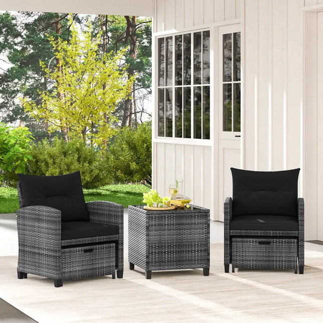 5 Piece Patio Rattan Furniture with 2 Ottomans and Tempered Glass Coffee Table-Black - Black - Patio Conversation Sets