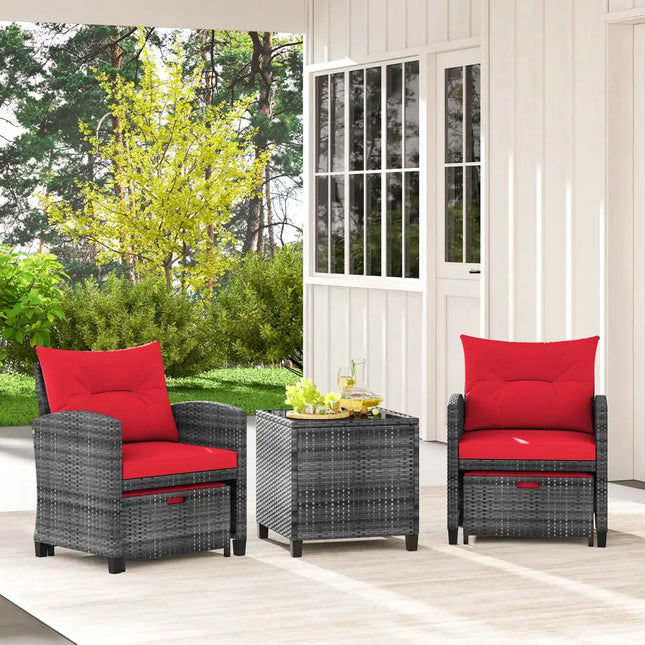 5 Piece Patio Rattan Furniture with 2 Ottomans and Tempered Glass Coffee Table-Red - Red - Patio Conversation Sets