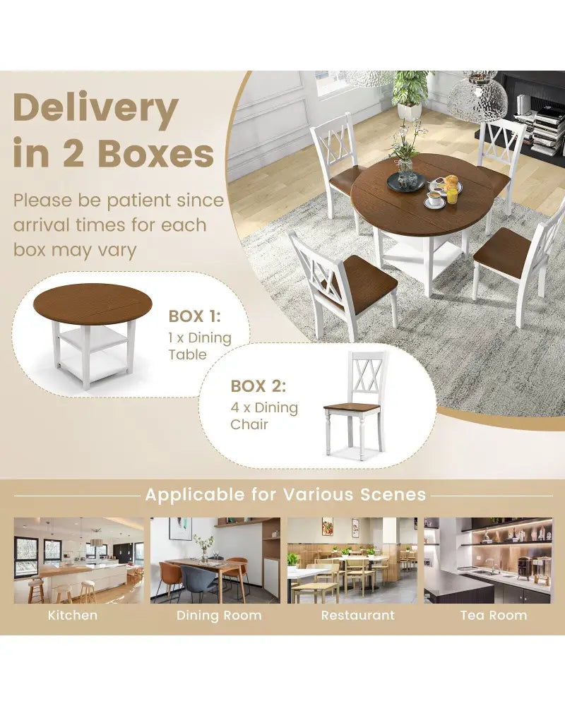 5 Piece Round Kitchen Dining Set with Drop Leaf Table Top - Walnut & Gray - Dining Room Sets
